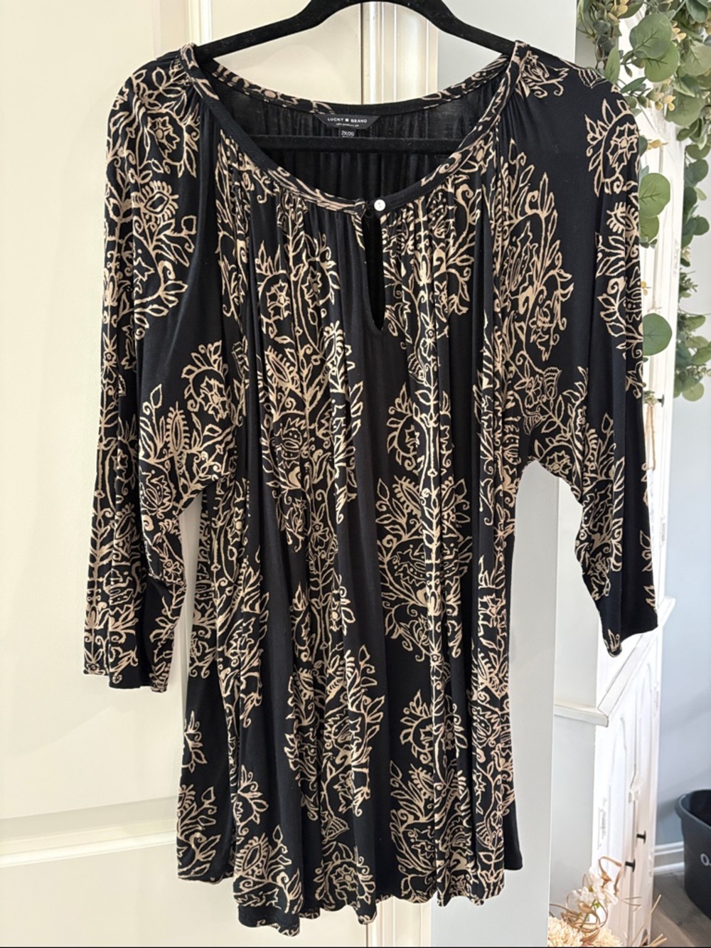Lucky Brand Black Top with Tan Floral Print - Long Sleeve Peasant Style